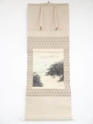 立脇泰山筆　「舞子の朝」　肉筆絹本掛軸（共箱）